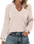 Womens Crochet Lantern Sleeve V Neck Sweater - Lightweight Fall