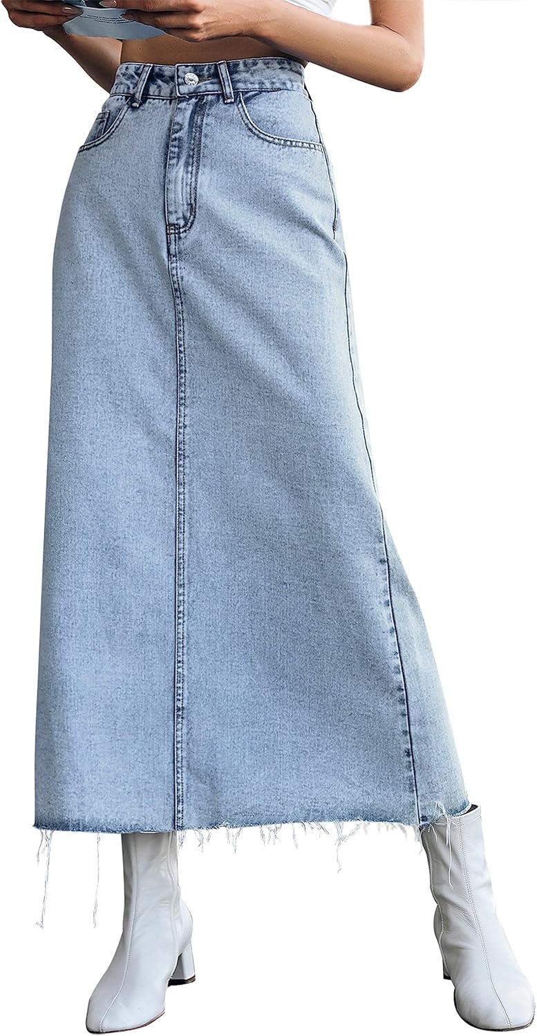 MISS MOLY Women's High Waisted Frayed Denim Midi Skirt Review