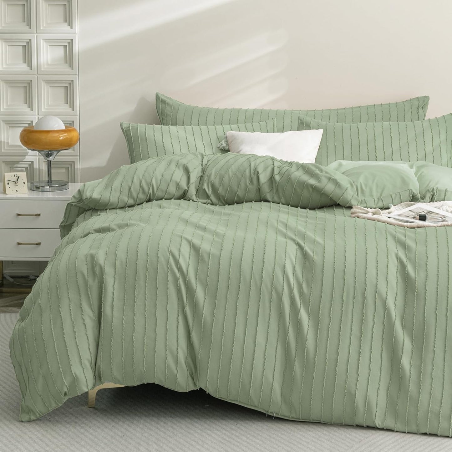 JELLYMONI King Size Duvet Cover Set in Light Green for Boho Style