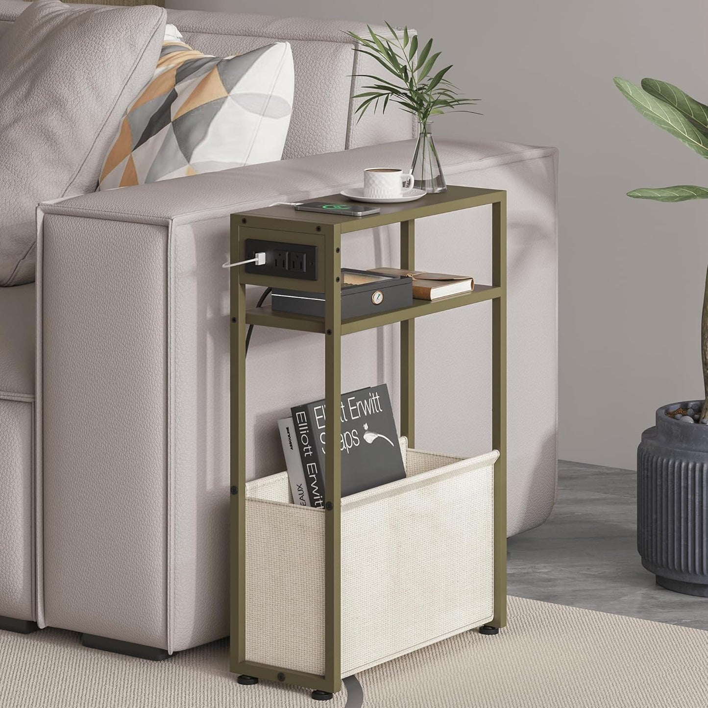 Green Side Table with Charging Station for Small Spaces