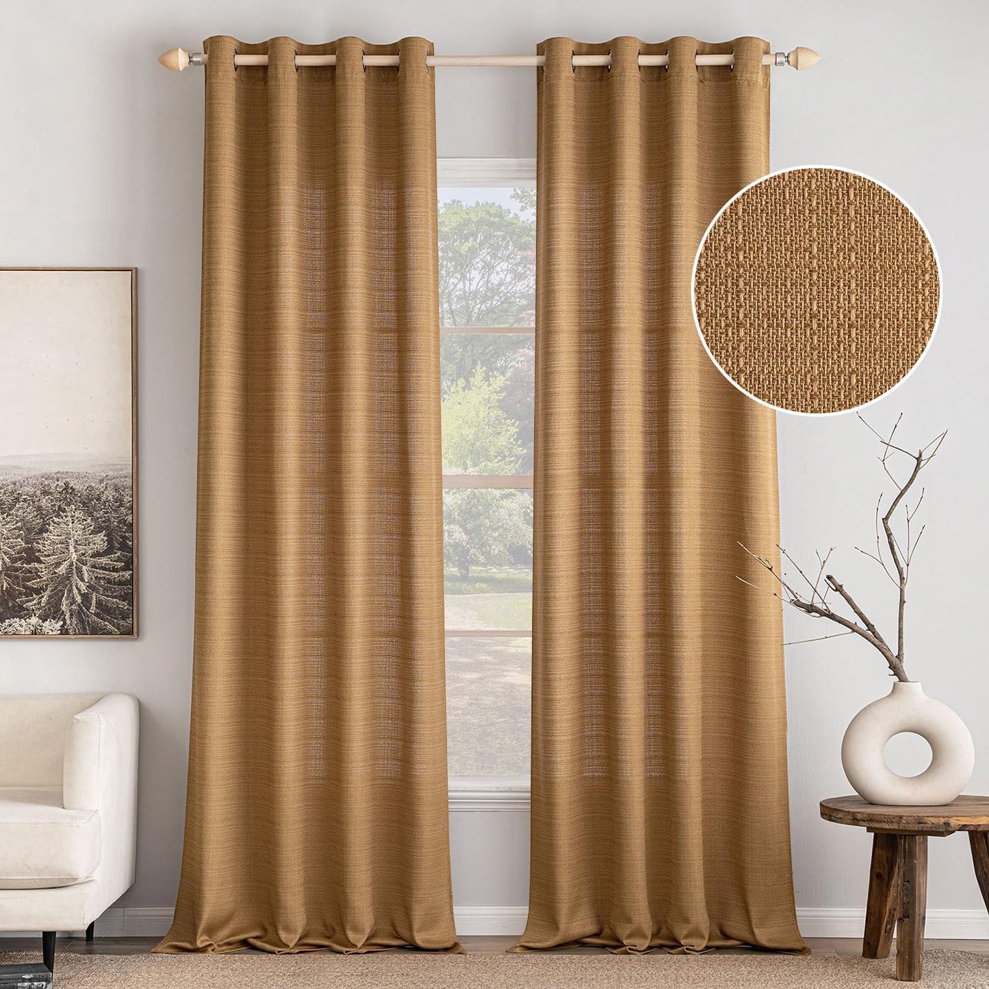 MIULEE Natural Brown Faux Linen Textured Curtains for Home