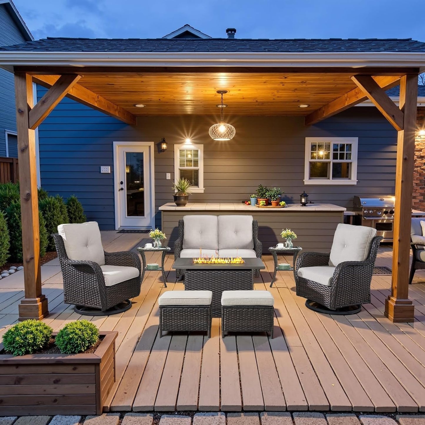 8 Piece Outdoor Patio Furniture Set with Fire Pit Table