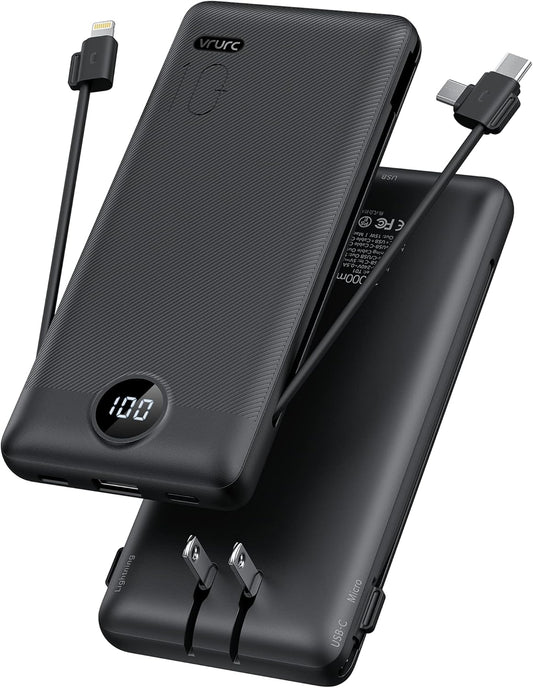 10,000mAh Portable Charger: Built-in Cables, Wall Plug, USB-C - VRURC
