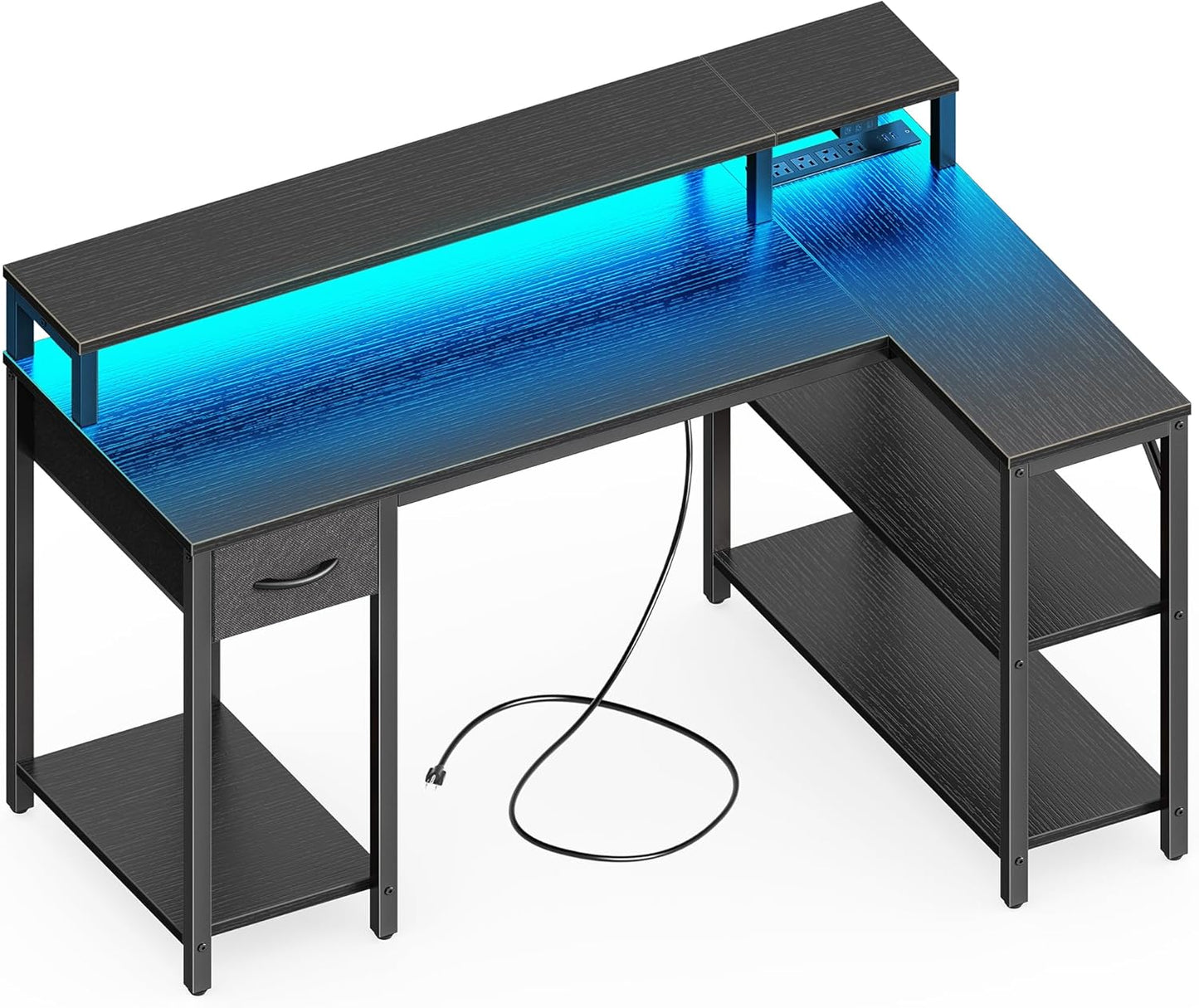 Reversible L Shaped Gaming Desk with LED Lights and Power Outlets