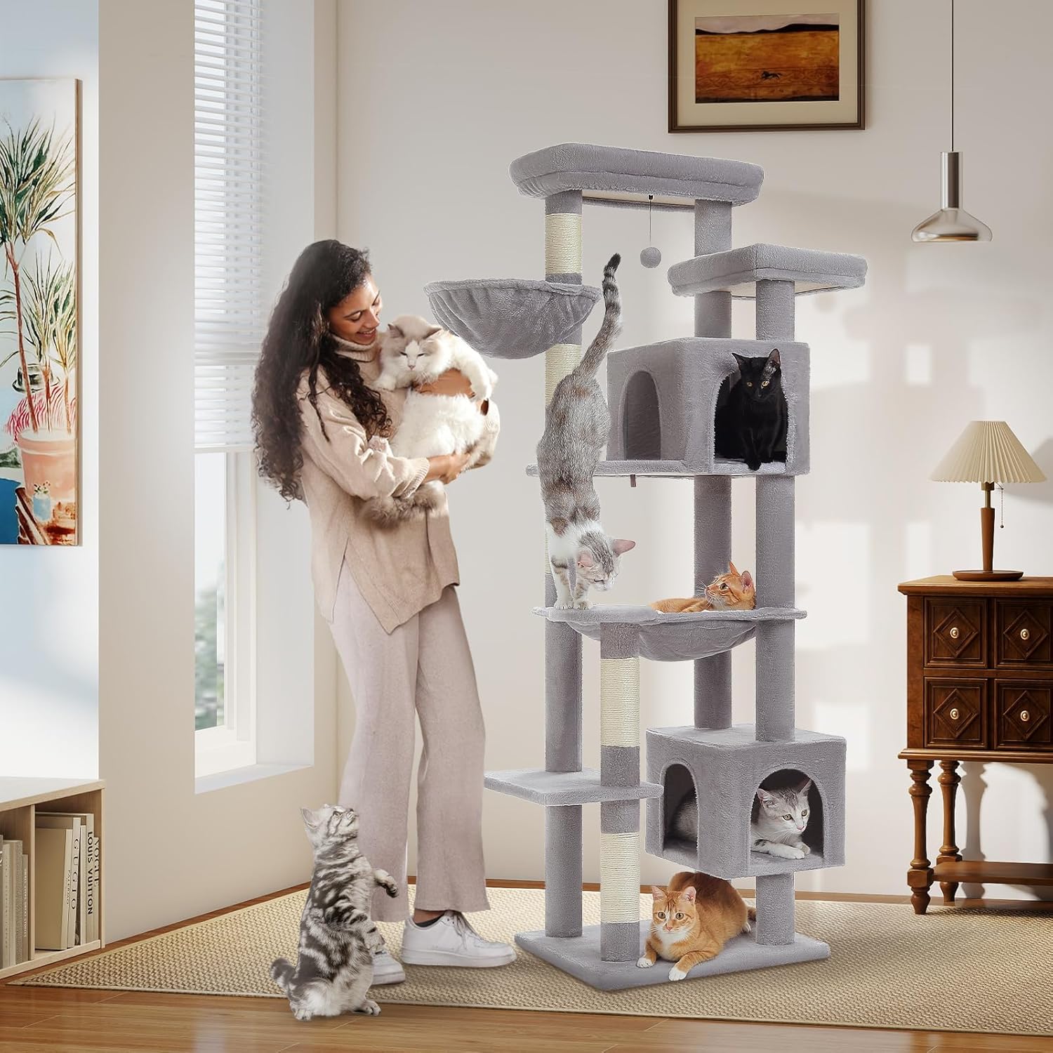 69in Tall Cat Tree for Indoor Large Cats with Big Hammock