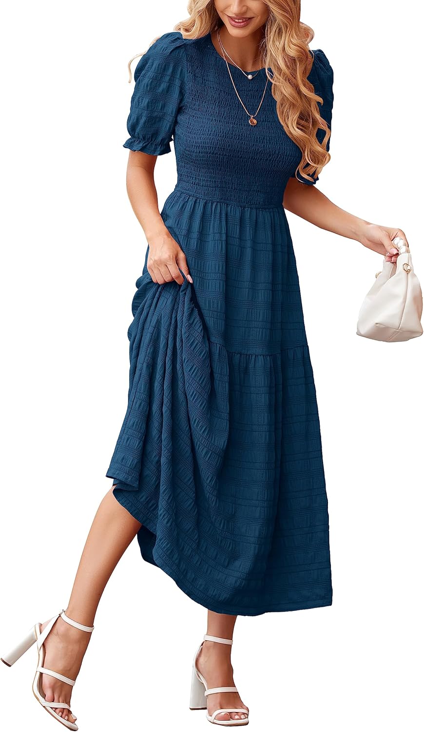 Dowerme Womens Summer Dresses Casual Puff Sleeve Maxi Dress