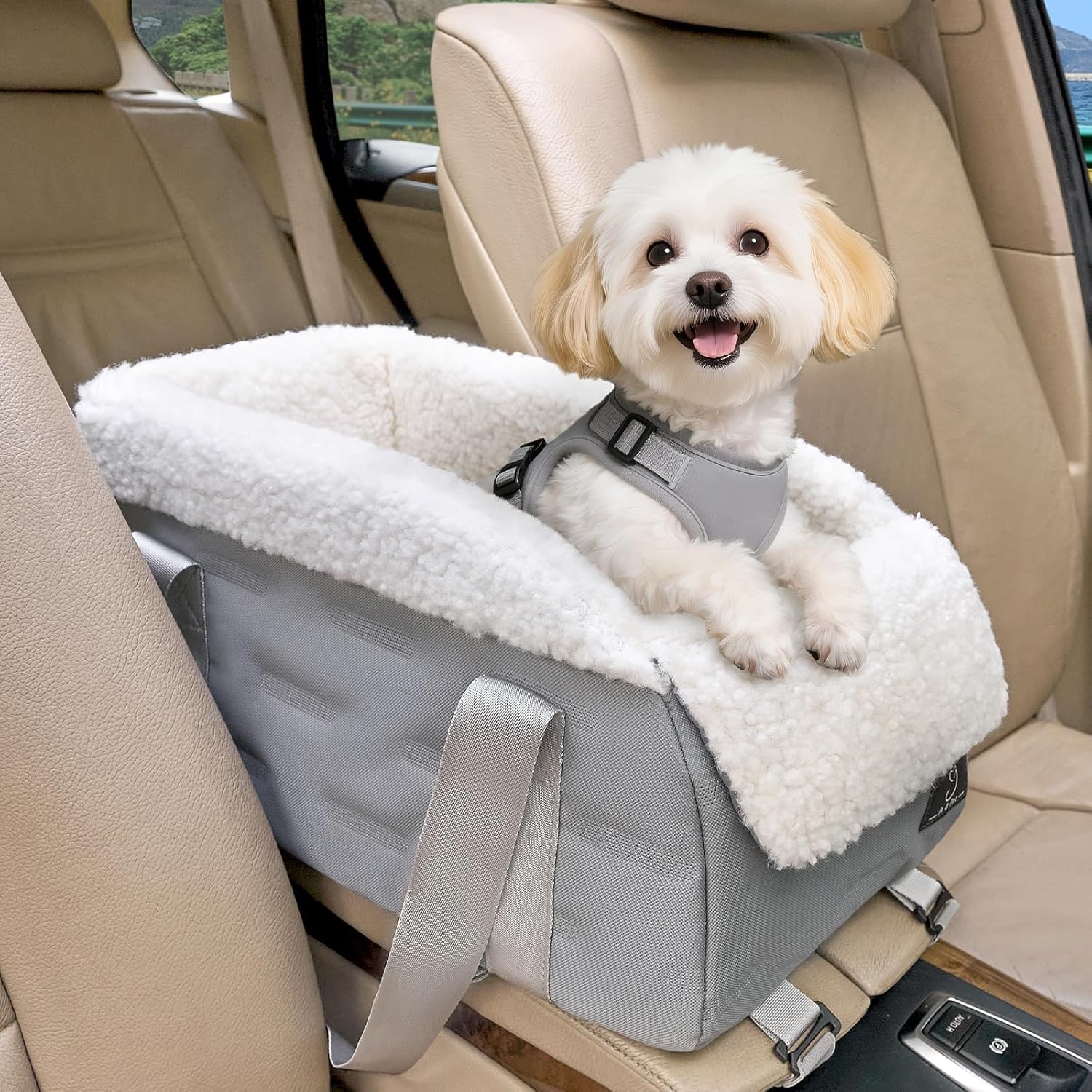 Center Console Dog Car Seat for Small Dogs with Safety Tethers