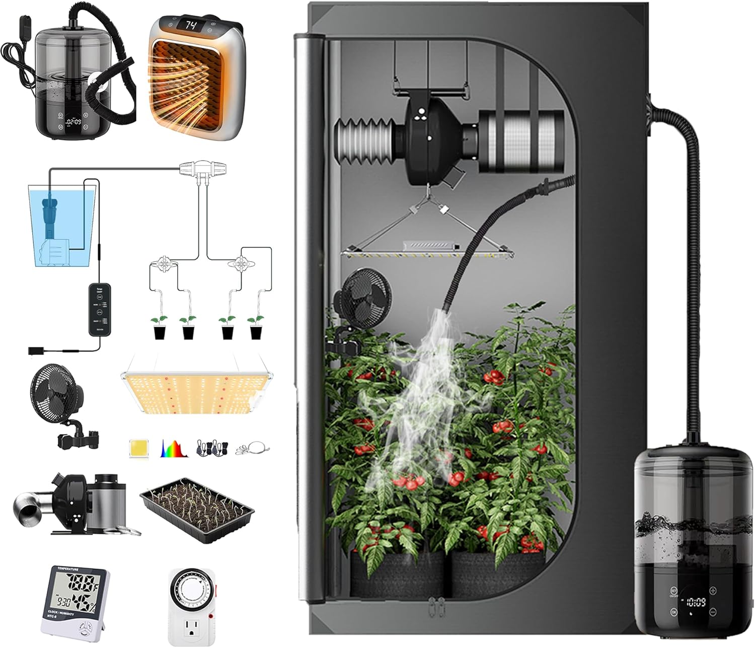 Supergrower 2x2 Grow Tent Kit: LEDs, Humidifier, Watering Drip, Fan & Heater