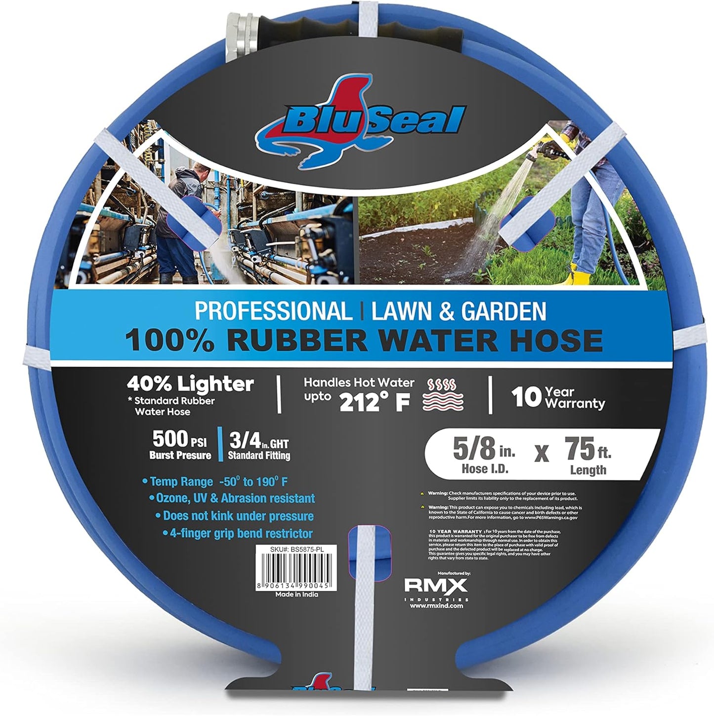 BluSeal Hot/Cold Water Rubber Garden Hose - Ultra-Light & Strong