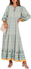 Boho Maxi Dress V Neck Puff Sleeve Floral Swing - Summer Style