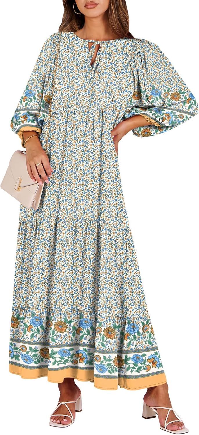 Boho Maxi Dresses for Women - Floral V Neck Puff Sleeve Style