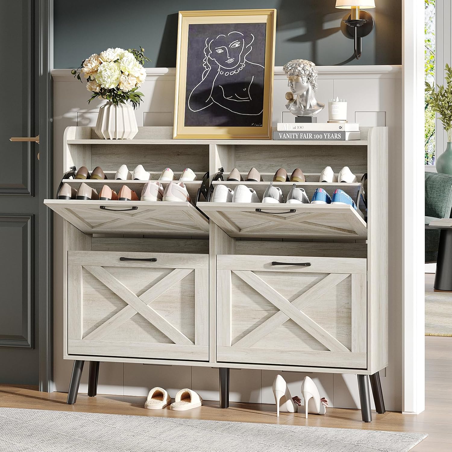 Maupvit Large Shoe Storage Cabinet with 4 Flip Drawers for Entryway
