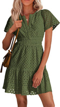 Womens Cotton Eyelet Lace Short Dress V Neck - Flattering A-Line