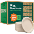 9 in Compostable Paper Plates 500 Count Bulk Case - Natural Bagasse