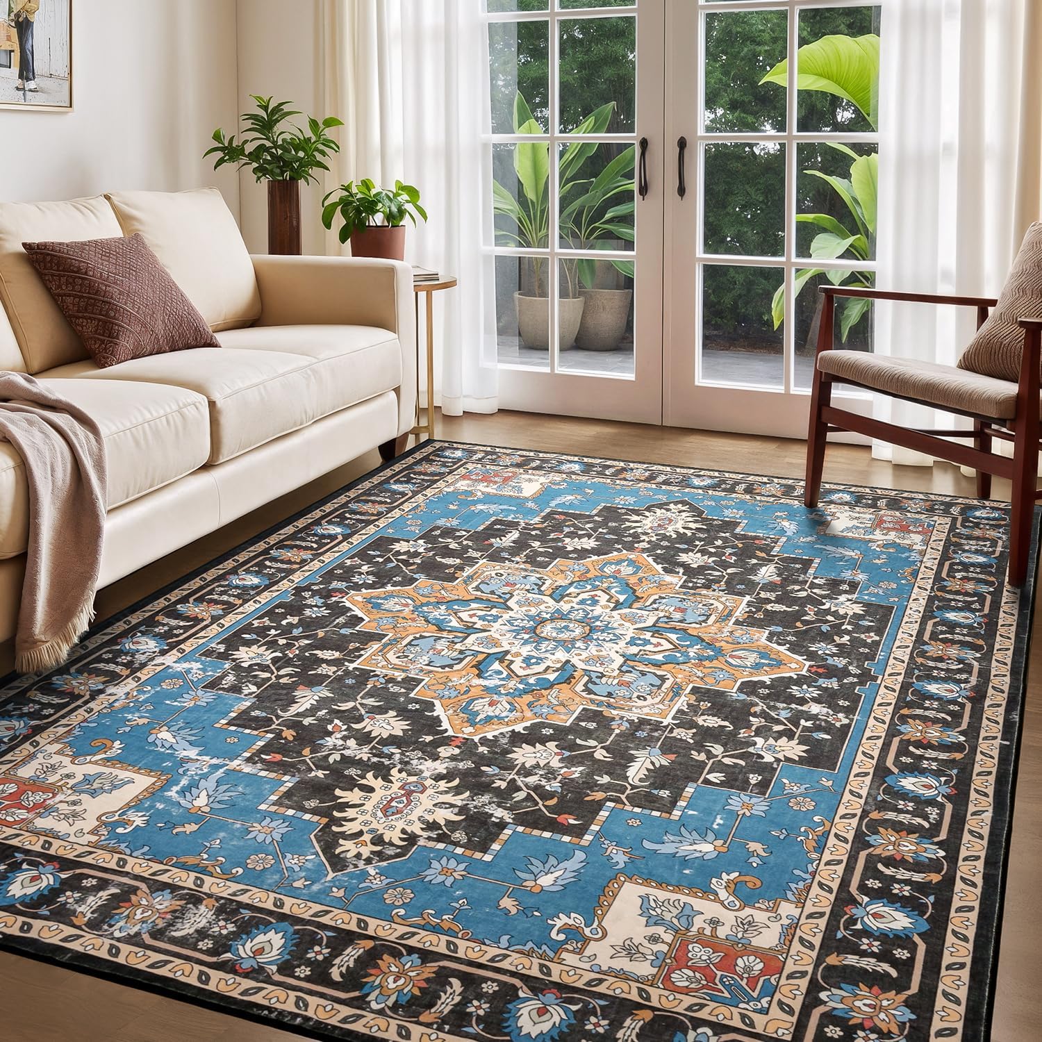 Rugflix 5x7 Area Rug for Living Room, Vintage Floral Design
