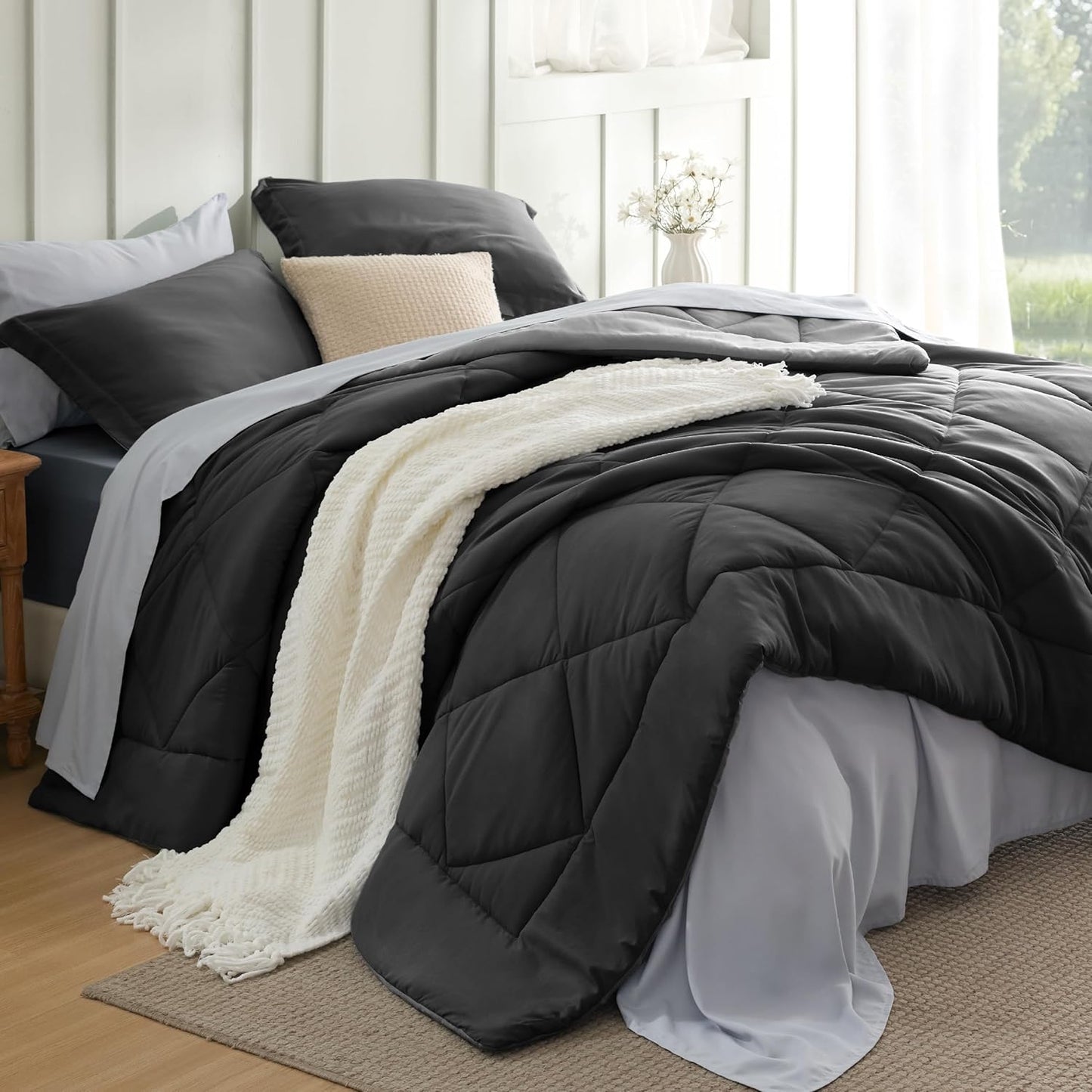 Bedsure Charcoal Grey King Comforter Set - 7 Piece Bedding