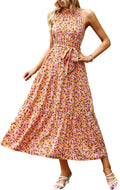 Women's Summer Floral Maxi Halter Dress with Belt - Flowy Ruffle Boho