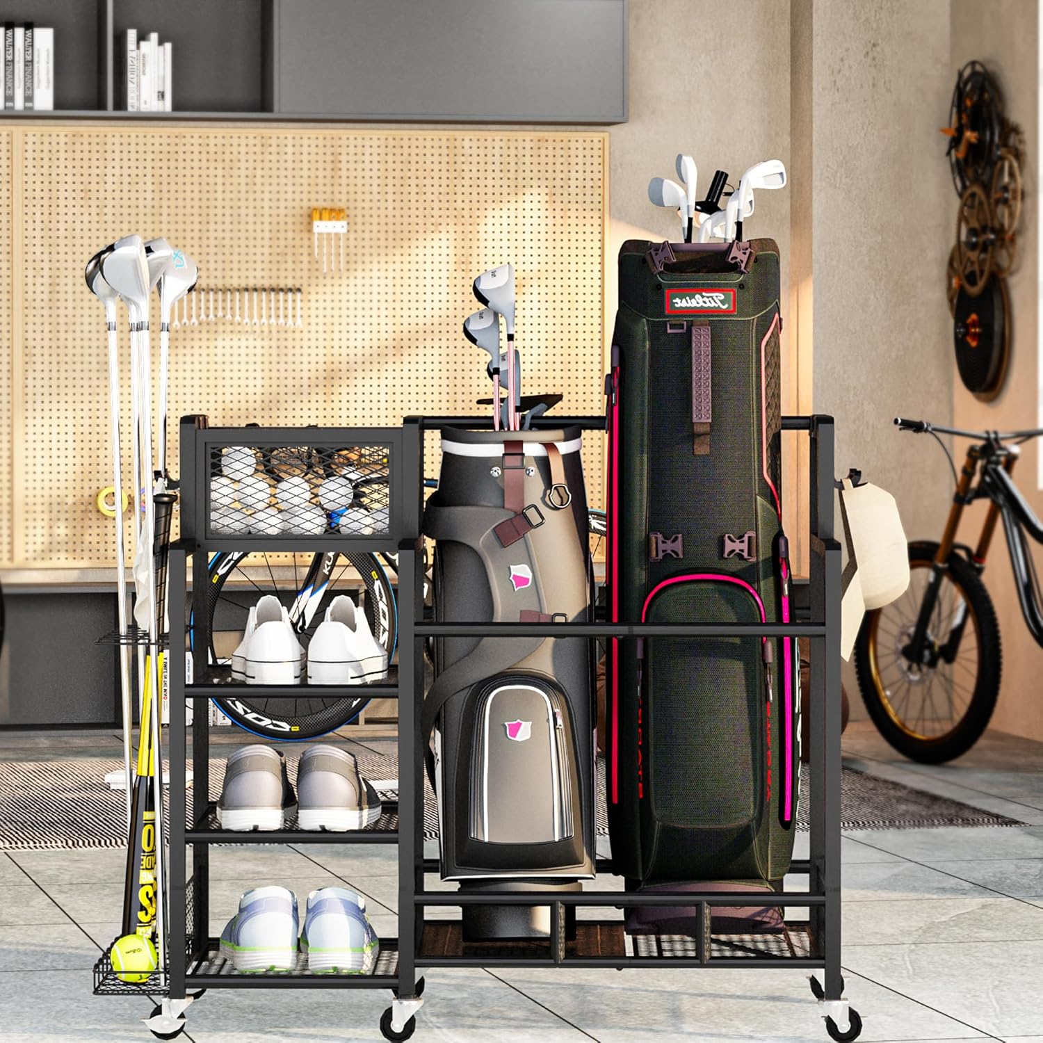 DKLGG Rolling Golf Organizer Rack - Garage Storage