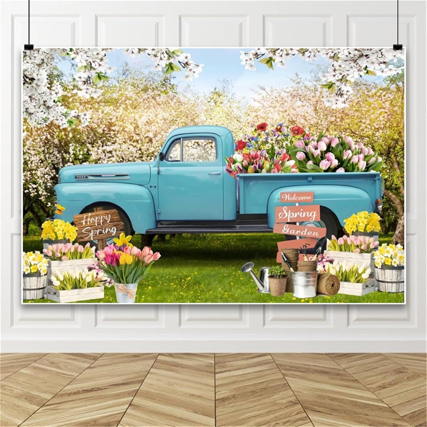Spring Garden Backdrop Blue Truck for Birthday and Wedding Decor