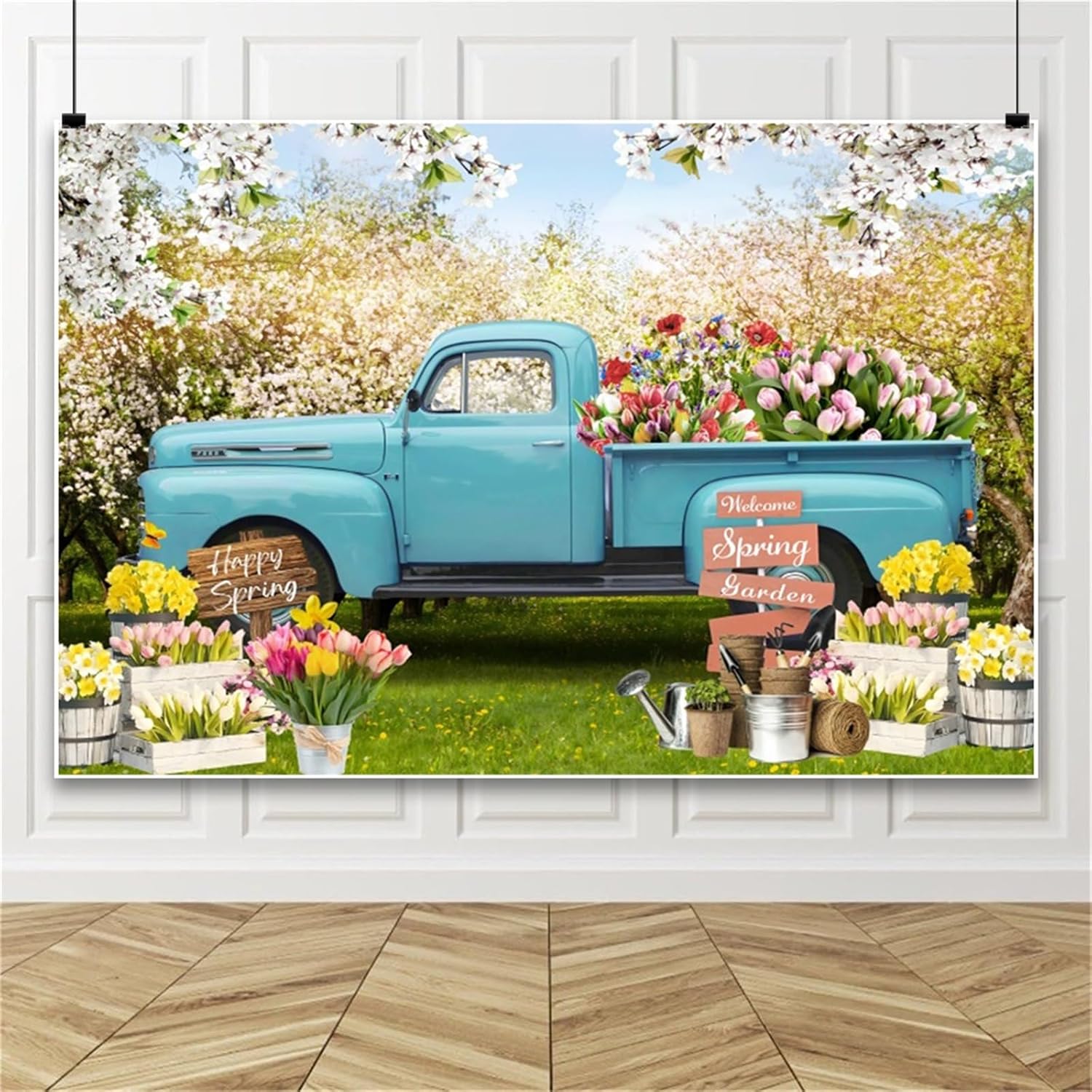 Spring Garden Backdrop Blue Truck for Birthday and Wedding Decor
