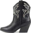 Women Western Bootie Pointe Toe with Low Heel (Black PU)