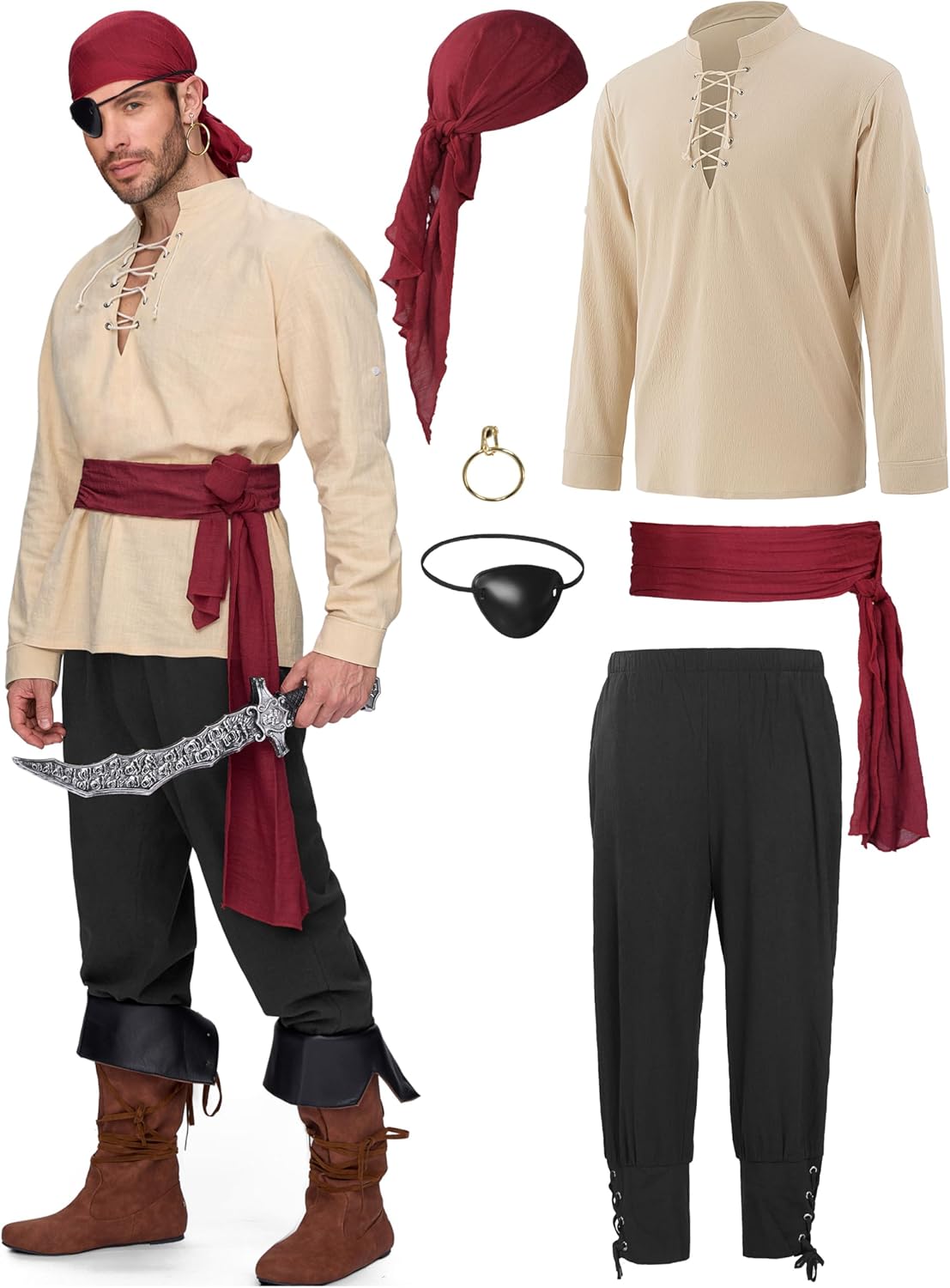 Men Pirate Costume for Halloween, Renaissance Medieval Style