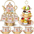 21pcs Porcelain Teapot Party Set with Cupcake Tower - Floral Tea for 6