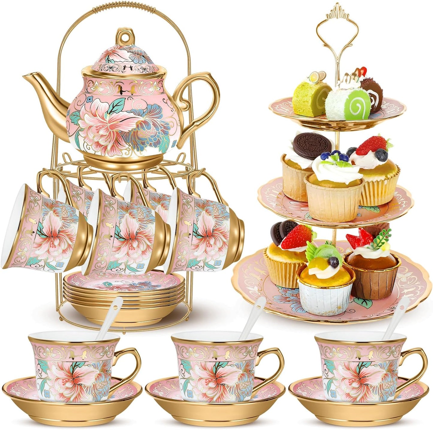 21pcs Porcelain Tea Set with Cupcake Stand for Elegant Parties