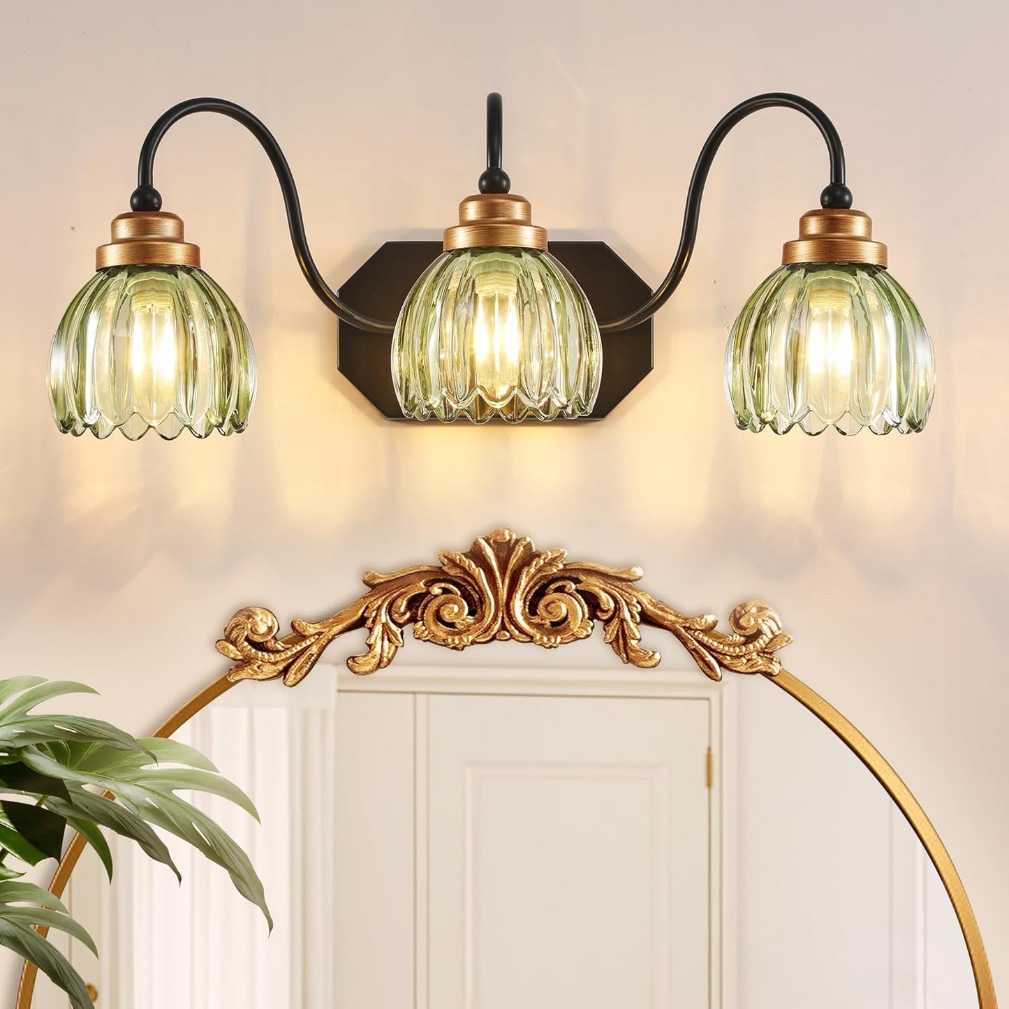 Vintage Bathroom Vanity Light with Green Glass Shades and Black Finish