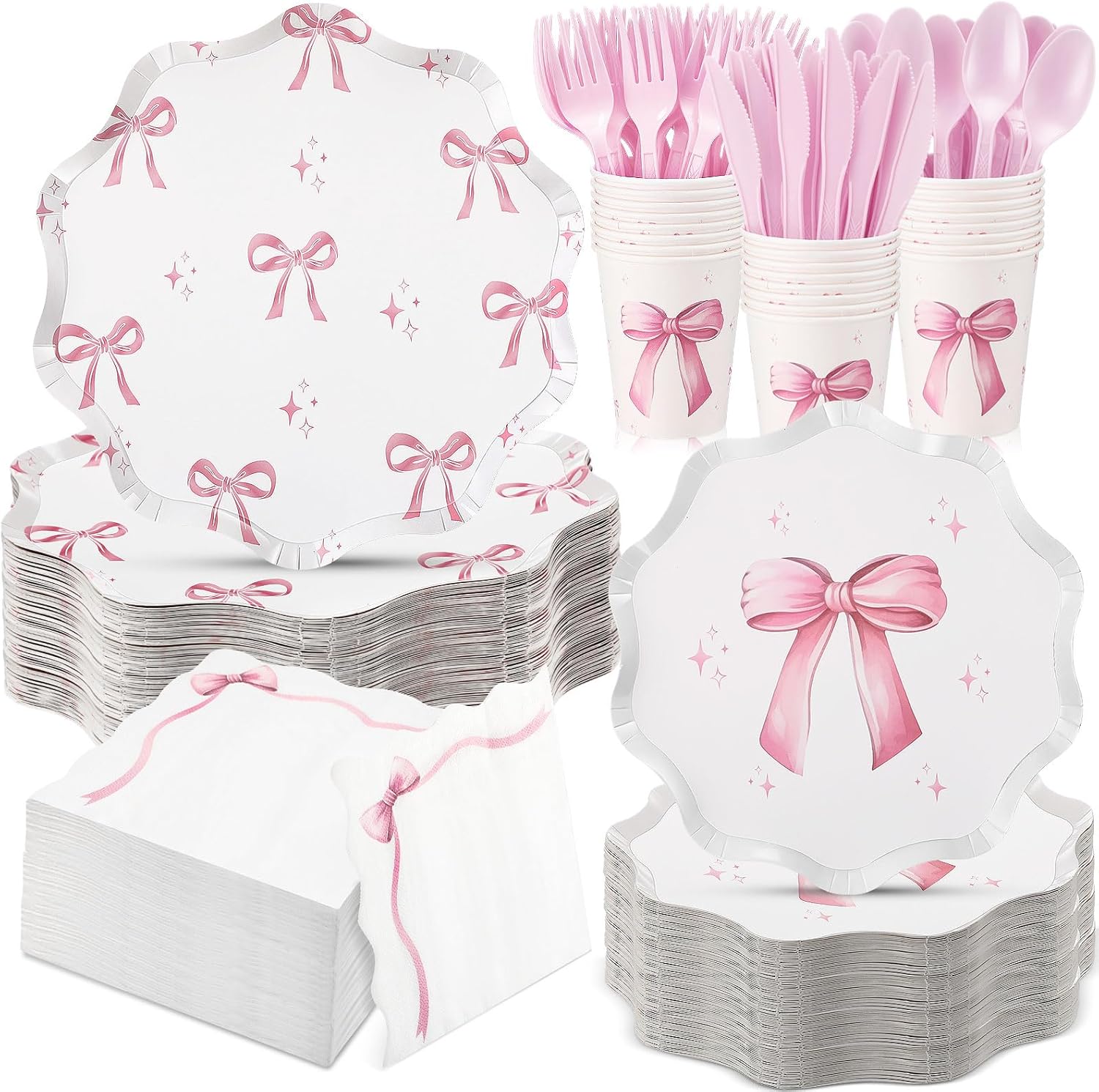 350 Pcs Bow Pink Party Supplies Set for 1st Birthday Fun