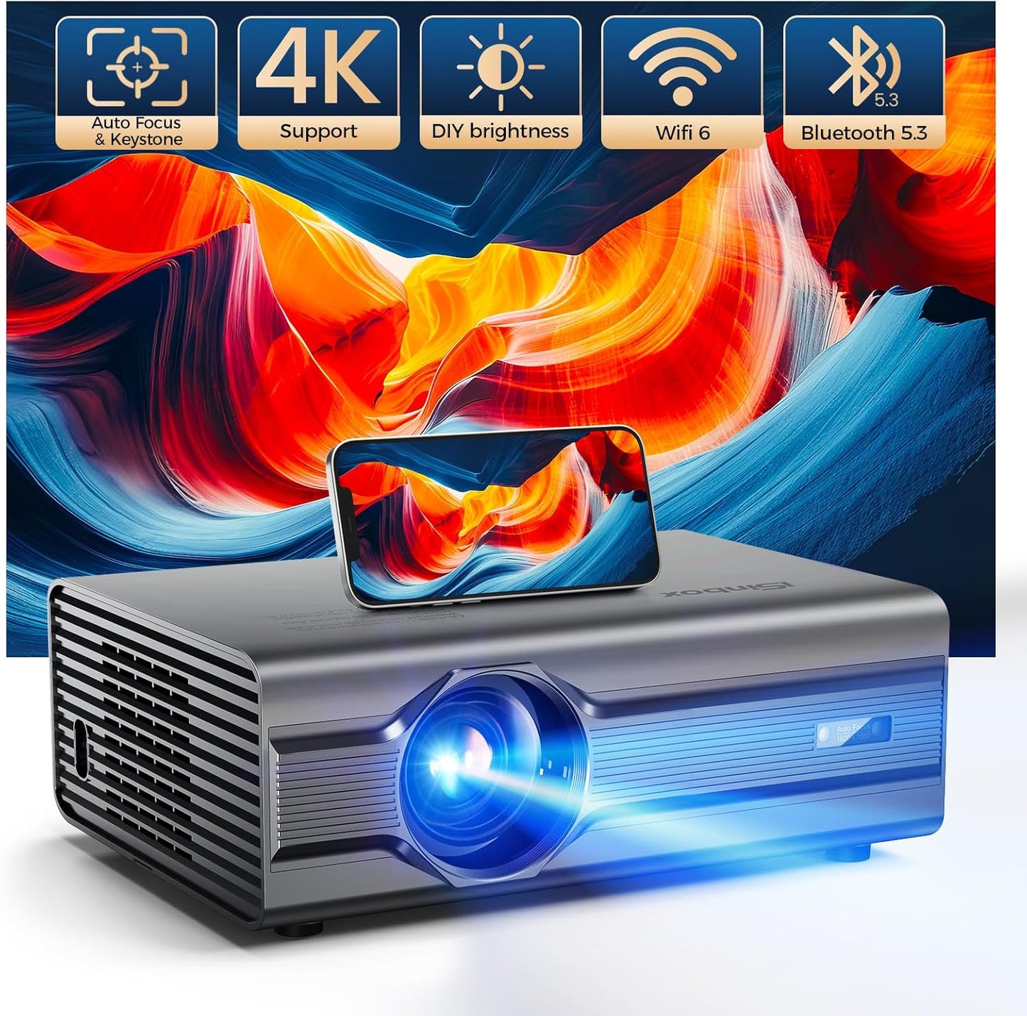 High-Def WiFi Projector, 4K Support, Auto Focus