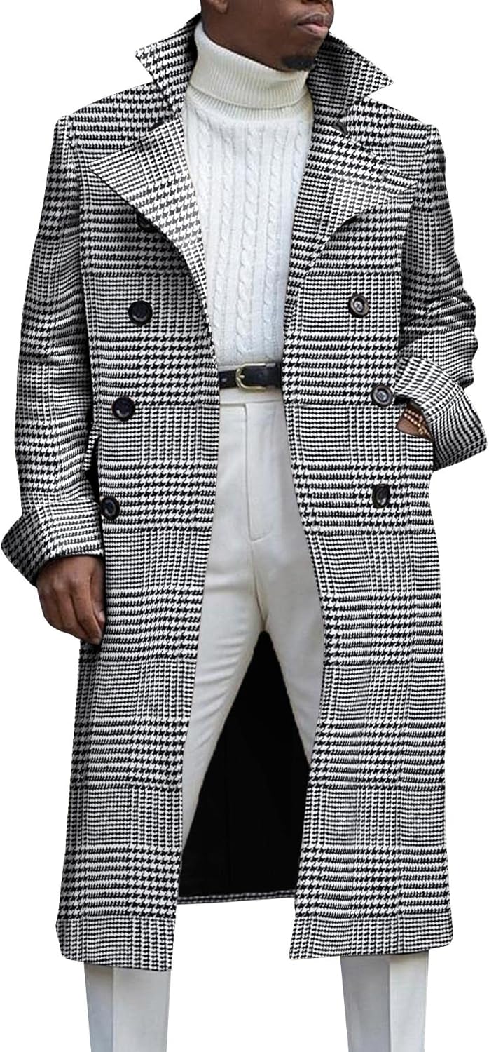 Ebifin Men's Notch Lapel Double Breasted Long Trench Coat