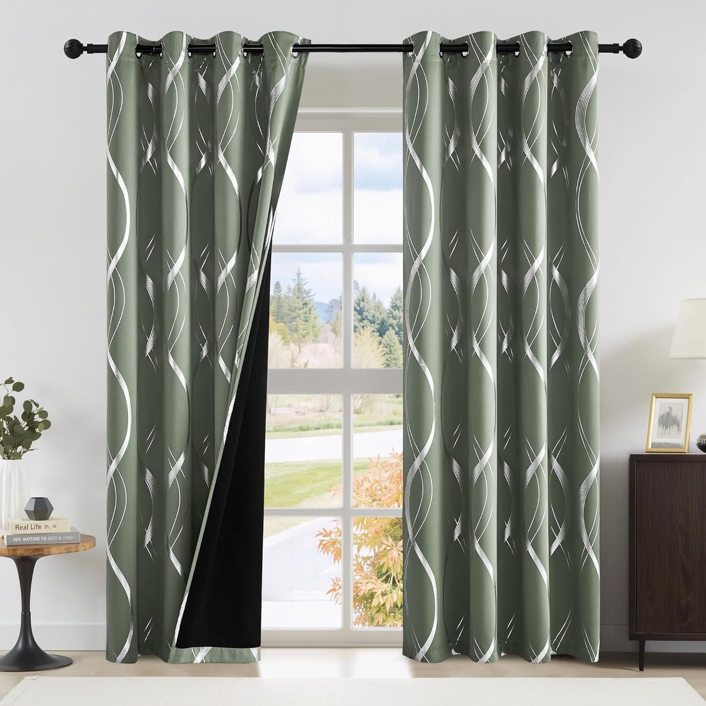 NICETOWN 100% Blackout Greyish Green Curtain Panels for Bedroom