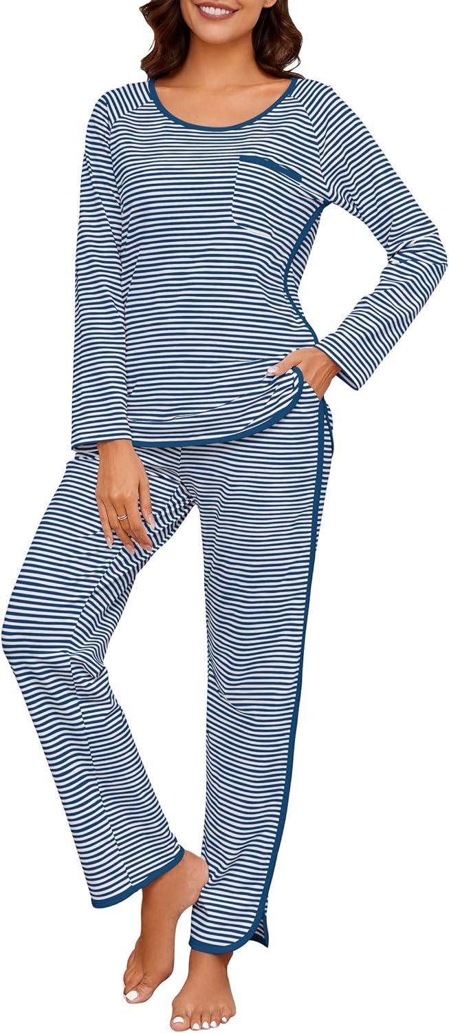 Womens Cotton Pajama Sets Stripe 2 Piece Lounge Set for Comfort