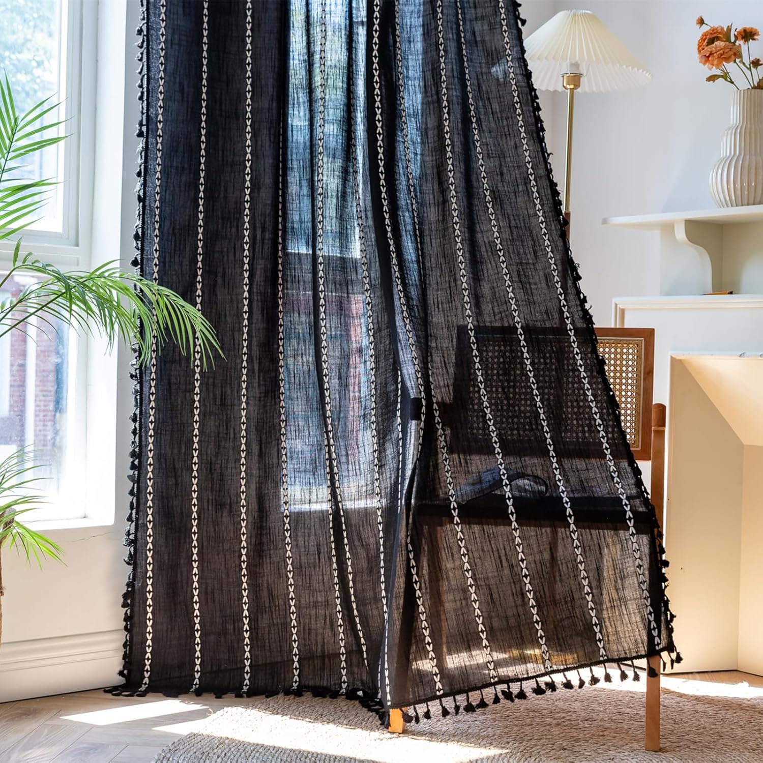 Deeprove Black Boho Curtains with Tassel for Vintage Decor