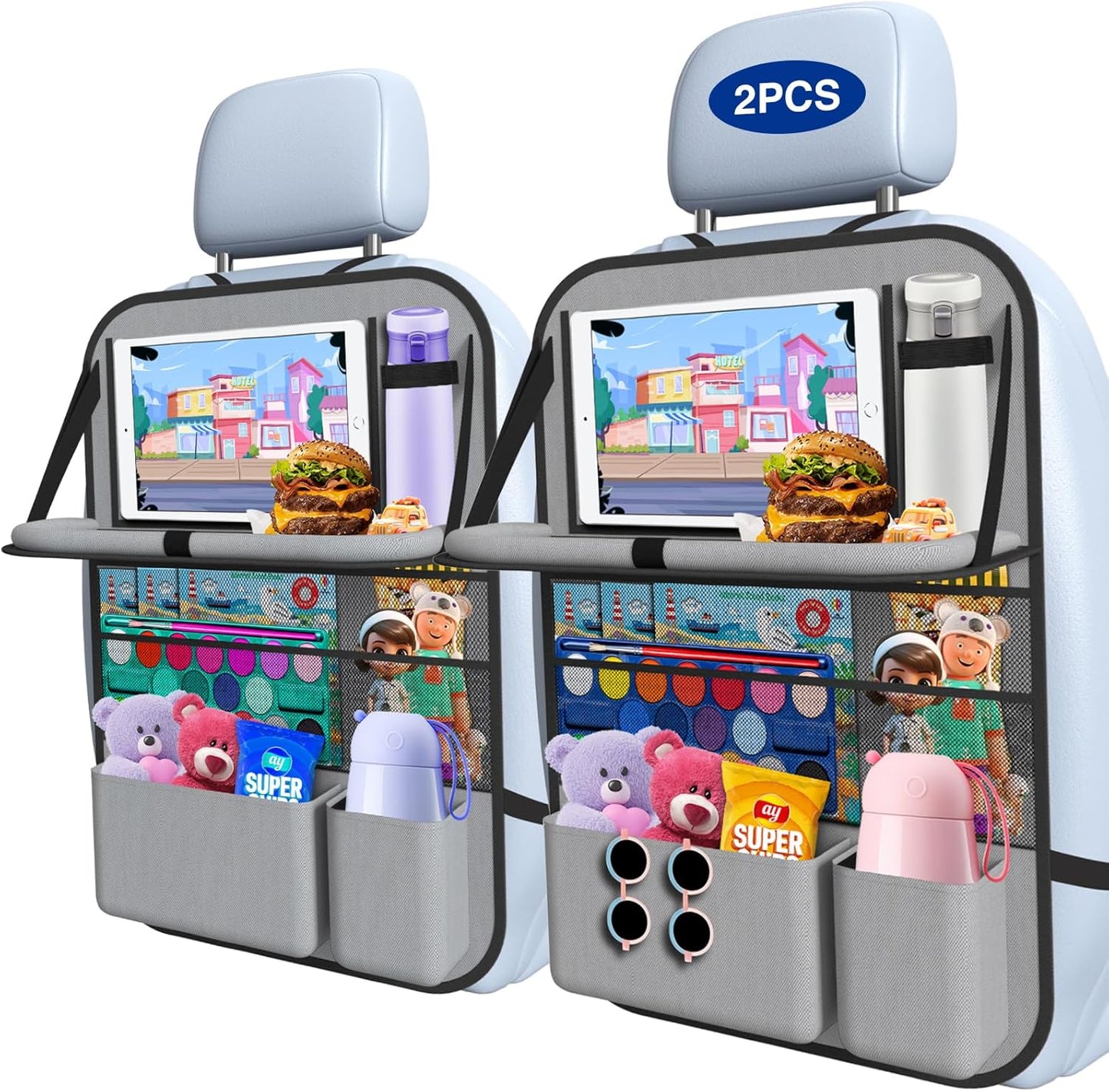 2PACK Car Backseat Organizer with Touch Screen Holder and Tray