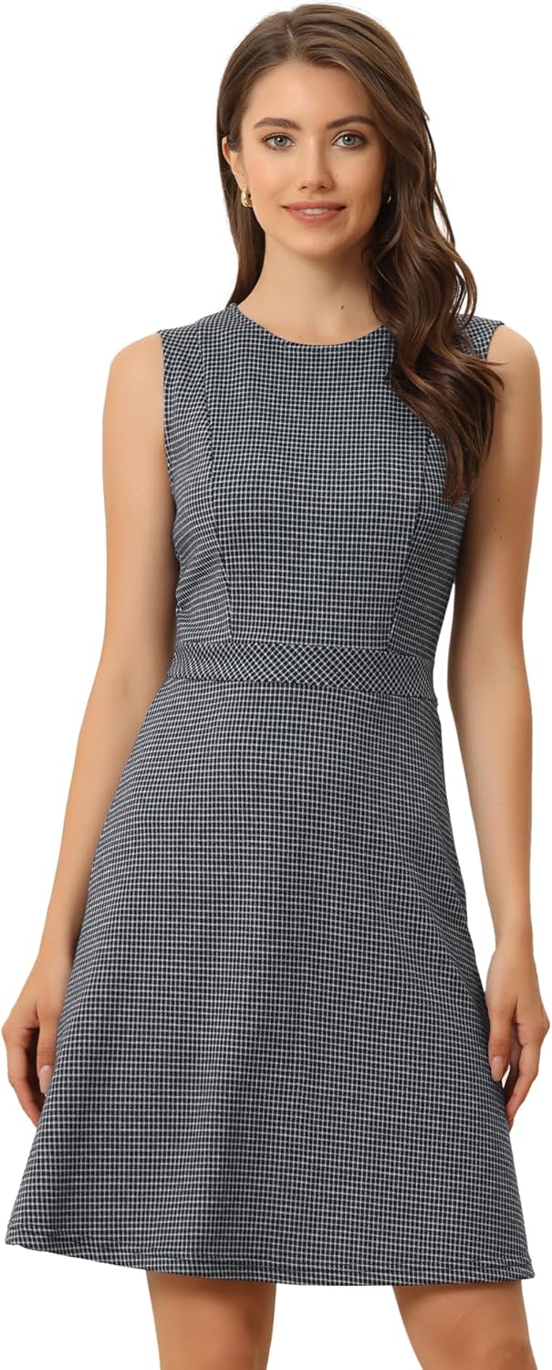 Allegra K Women's Vintage Houndstooth Plaid Dress for Work