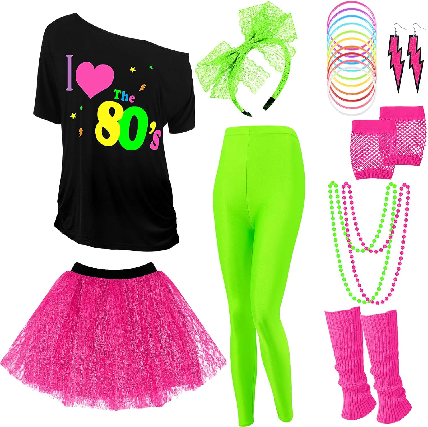 19 Pcs 80s Costume Set for Women - T Shirt, Leggings, Tutu
