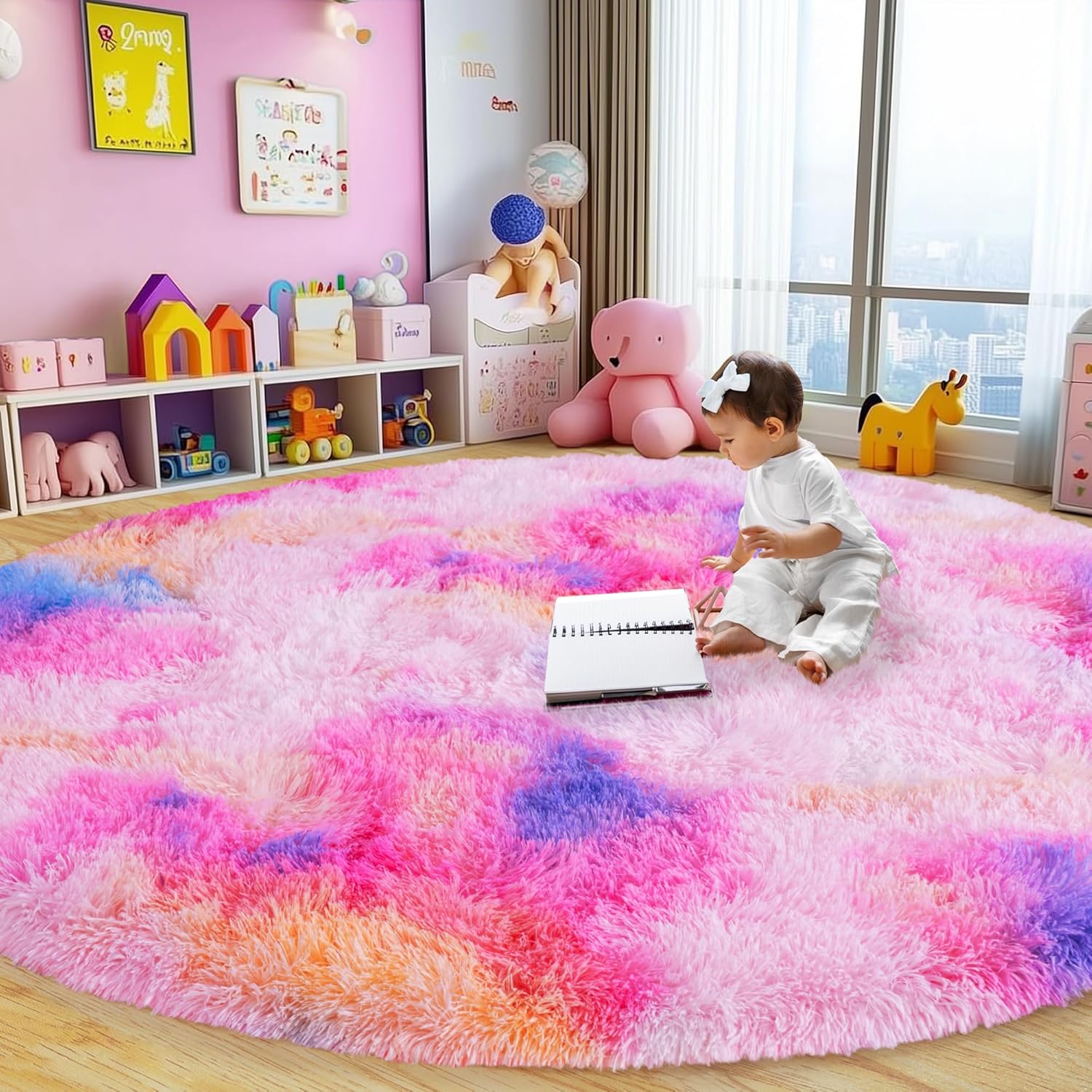 Round Fluffy Rugs 7Ft for Girls Bedroom, Dark Rainbow Shag