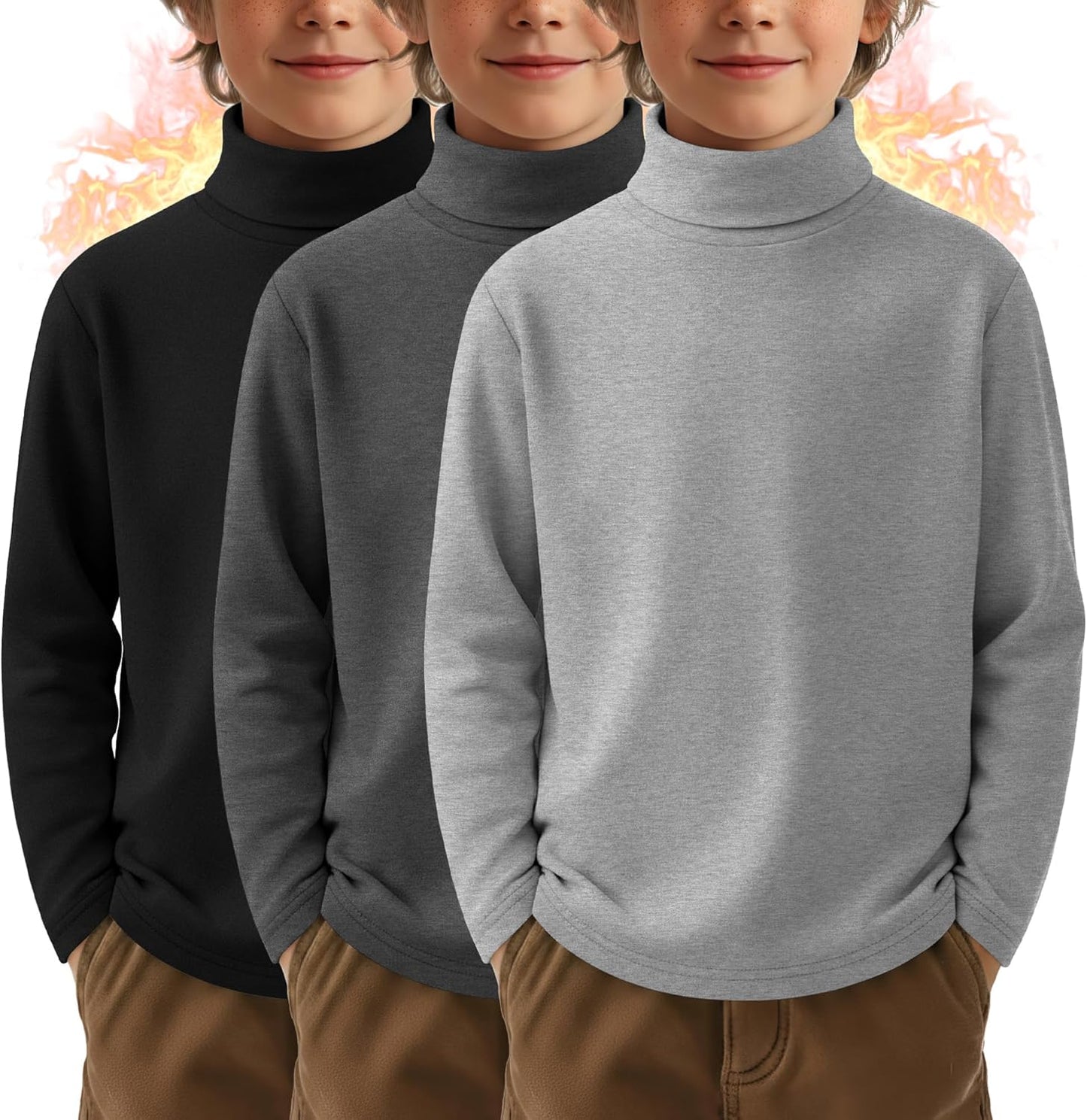 Boys Thermal Turtleneck Long Sleeve Fleece Tops 3 Pack for Winter
