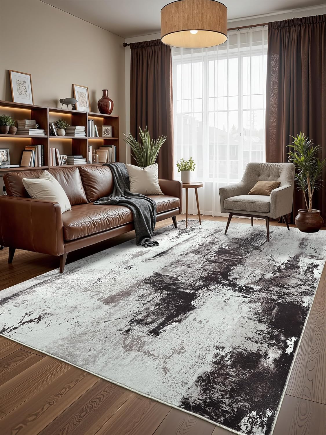 Washable Abstract Rug, 5x7 Modern Area Rug for Living Room