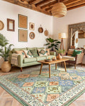 5x7 Washable Area Rug for Living Room, Green Boho Style