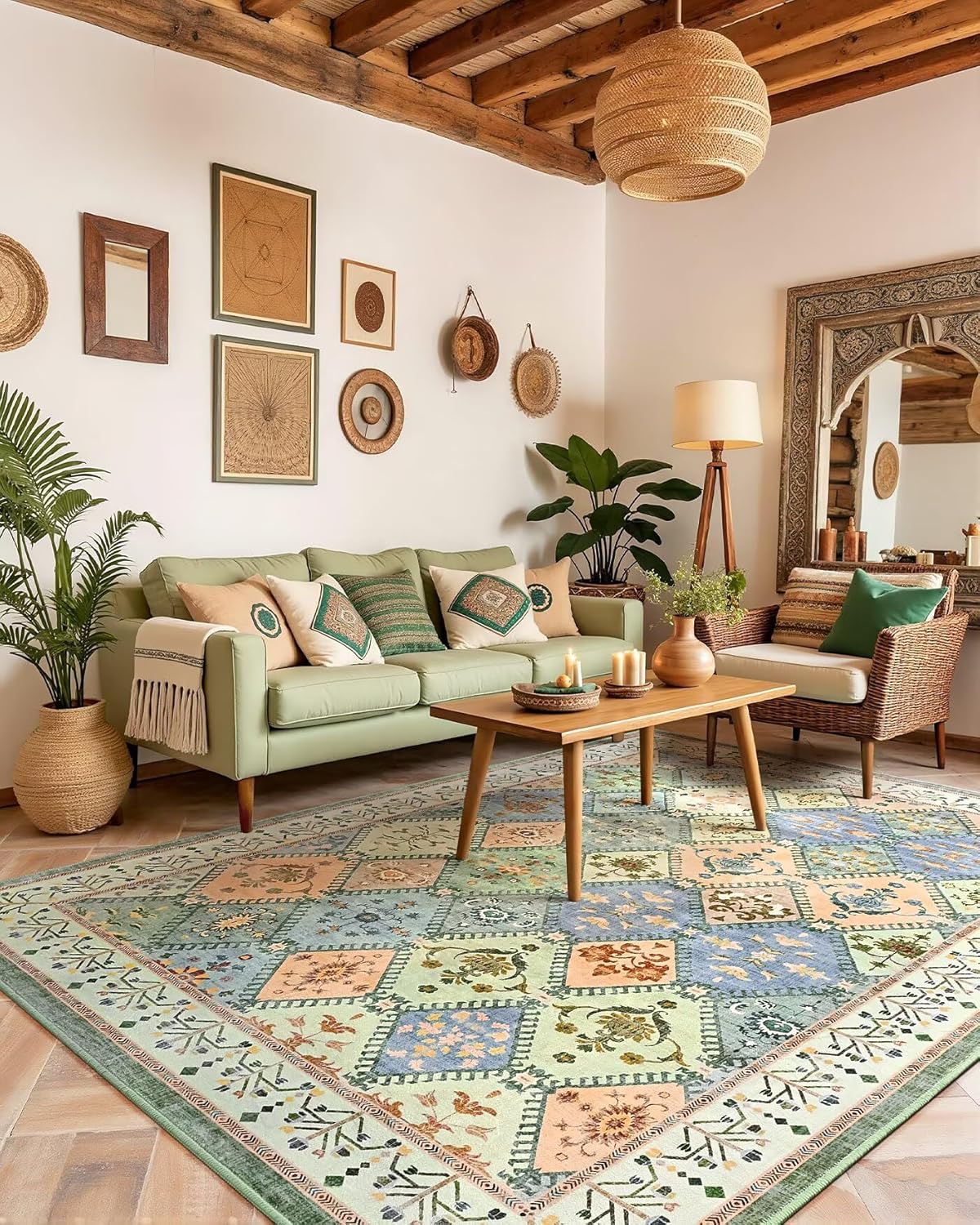 5x7 Washable Area Rug for Living Room, Green Boho Style