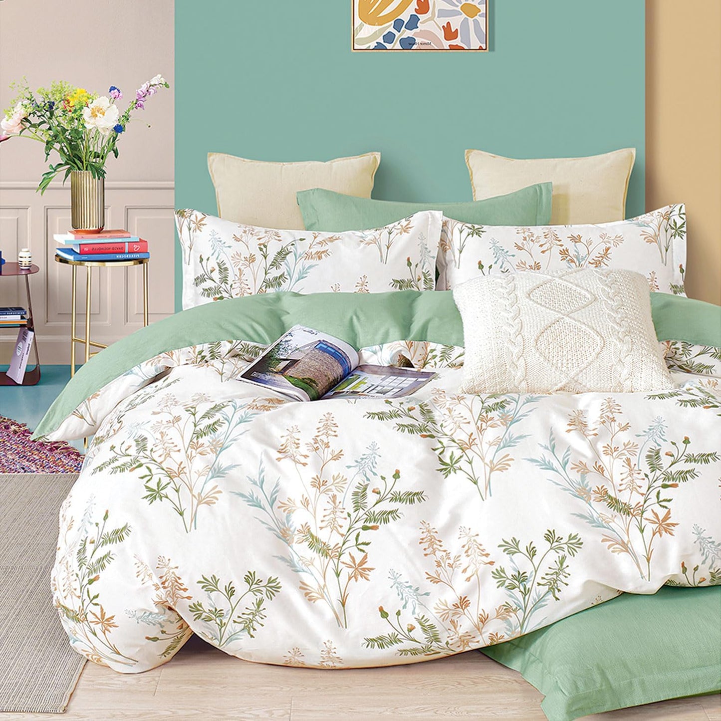 Natural Cotton Botanical Comforter Set Queen Size - Green Floral