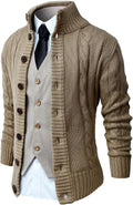 Mens Long Sleeve Stand Collar Cardigan Sweater - Slim Cable Knit