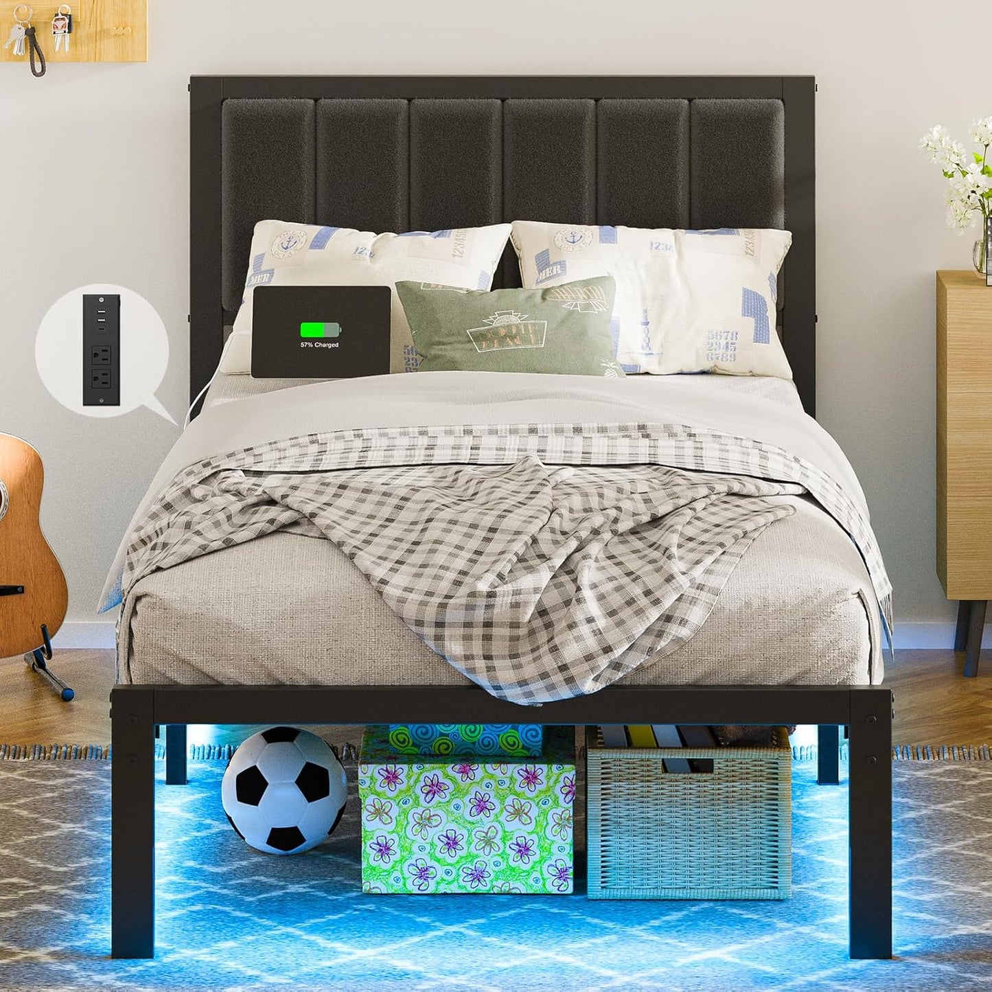 OLEVS Twin Bed Frame with Headboard and USB Charging Station