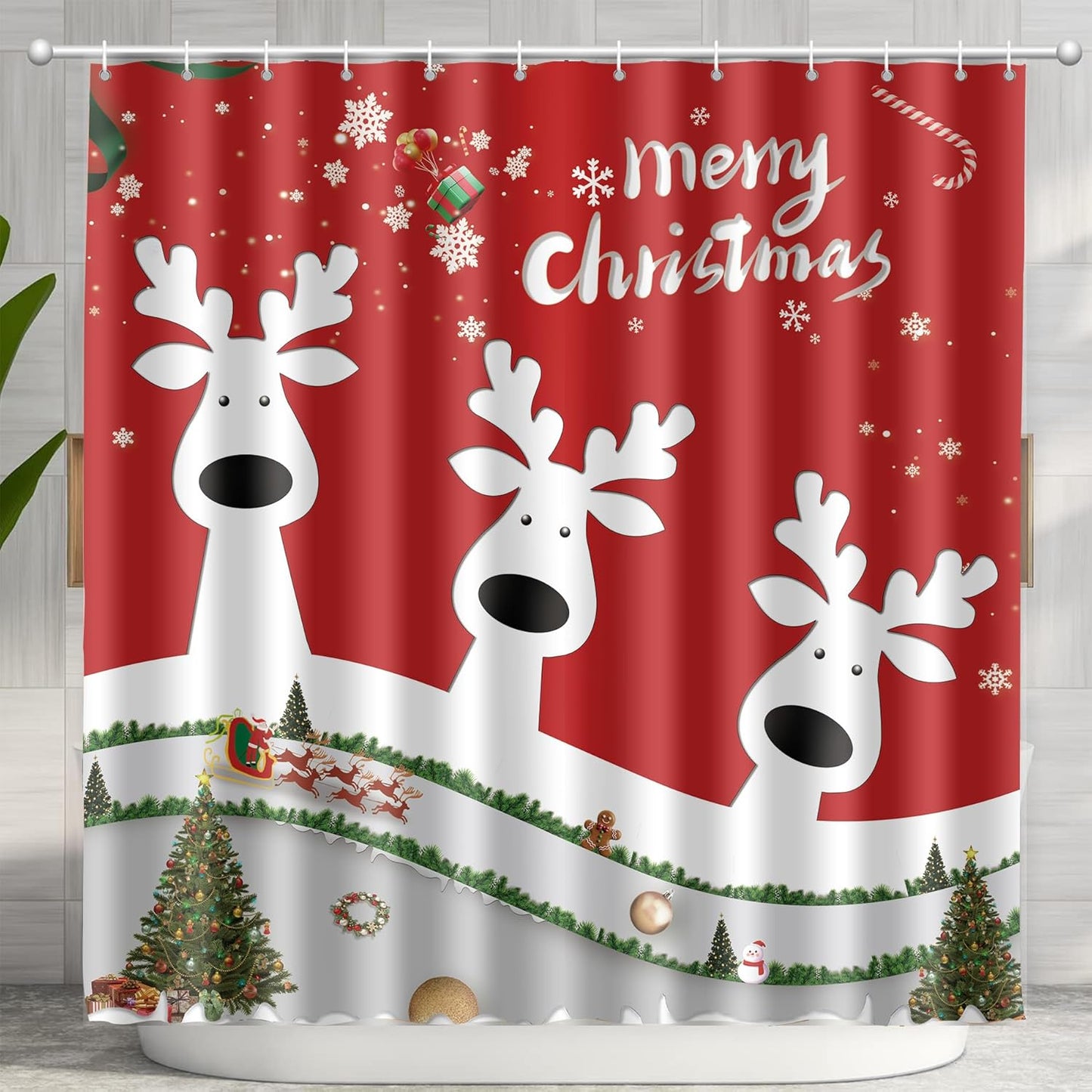 Merry Christmas Elk Shower Curtain Set