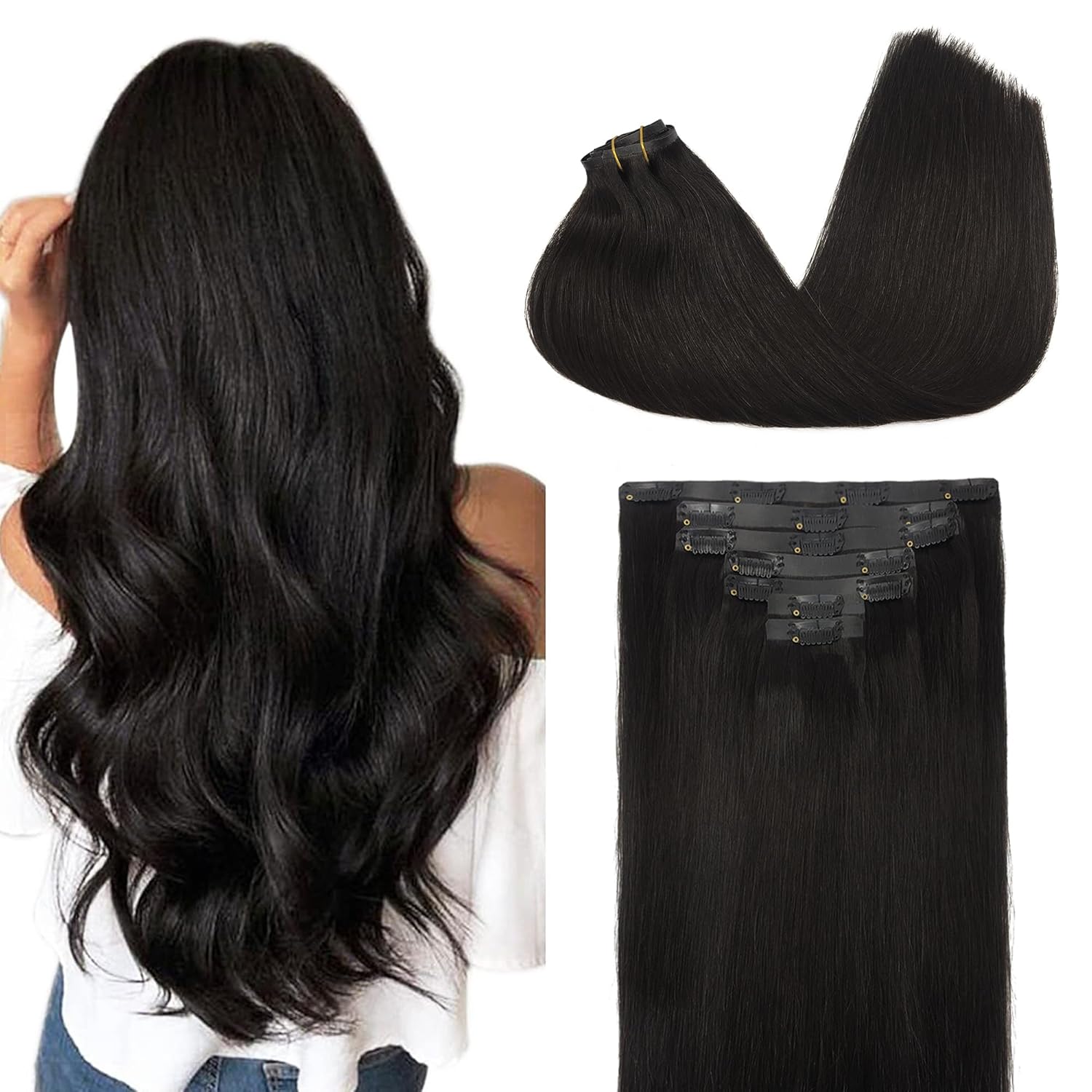 GOO GOO Clip in Hair Extensions for Women, 24in Natural Black