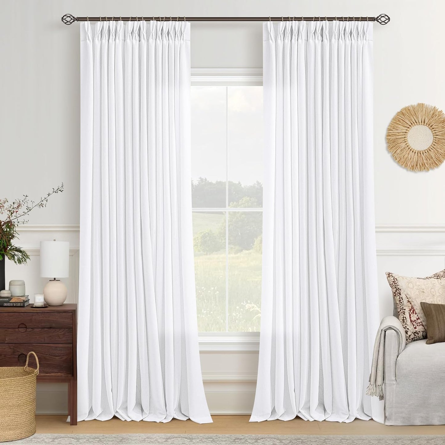 Pinch Pleated White Linen Curtains 108 Inches Long for Living Room