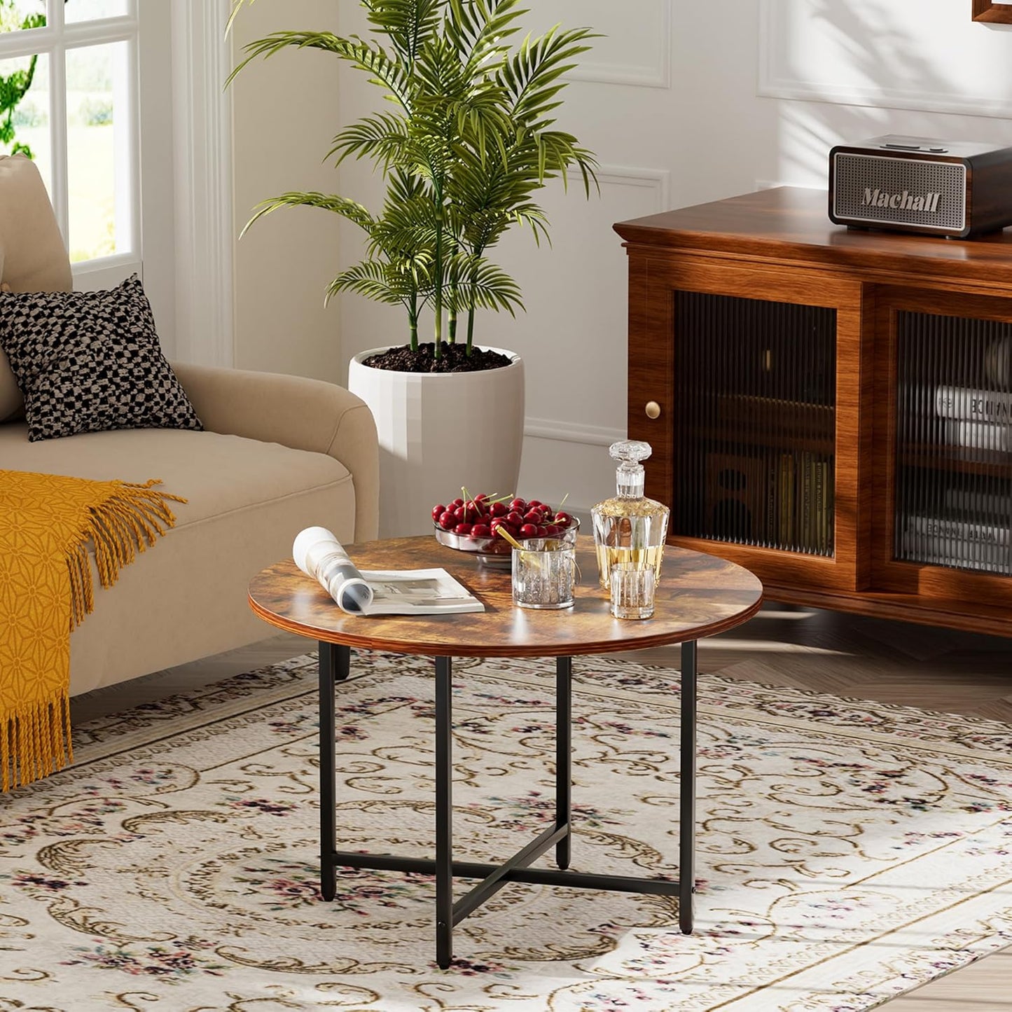 Round Coffee Table for Living Room, Rustic Brown Wood Design